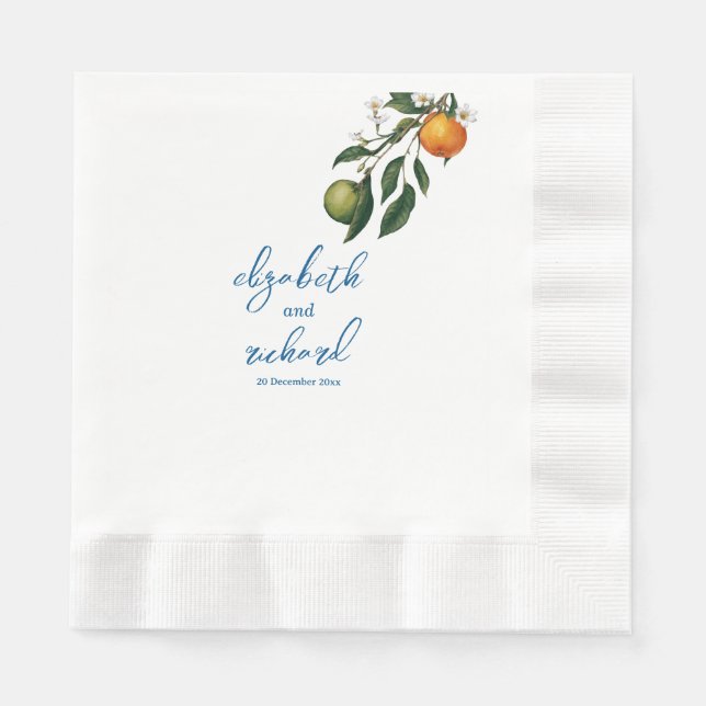 Modern Mediterranean Lemon Blue Tiles Wedding Napkins (Front)