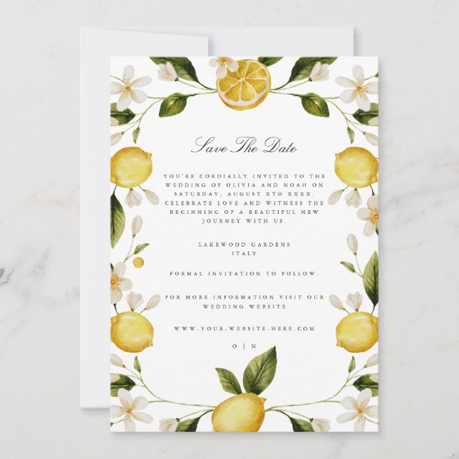 Modern Mediterranean Lemon Save The Date Card (Front)