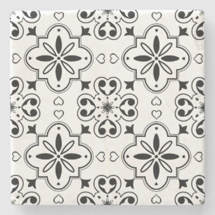 Modern Mediterranean Portuguese Back White Pattern Stone Coaster