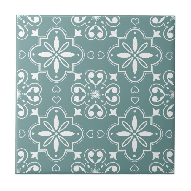 Modern Mediterranean Teal Green White Pattern  Ceramic Tile (Front)