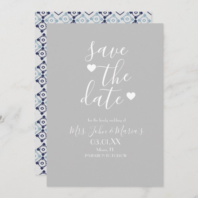 Modern Mediterranean Tile with Heart Save the Date Invitation (Front/Back)