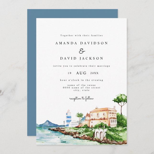 Modern Mediterrenean Beach Summer Greek Wedding Invitation (Front/Back)