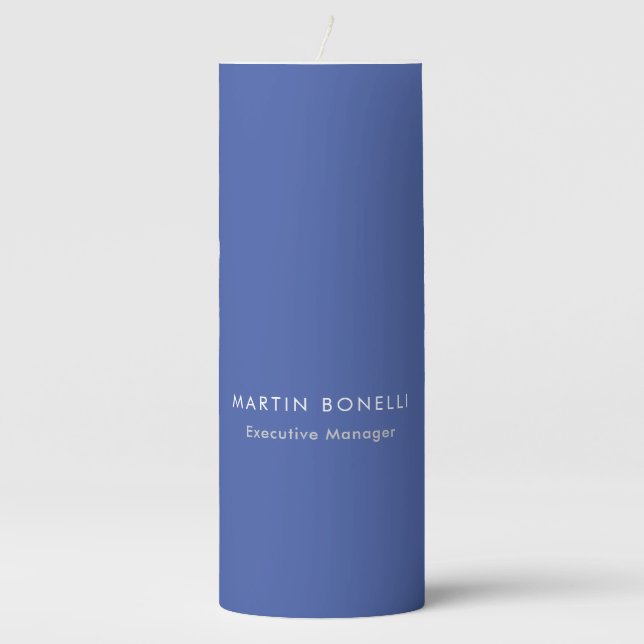 Modern Medium Blue Plain Minimalist Add Name Pillar Candle (Front)