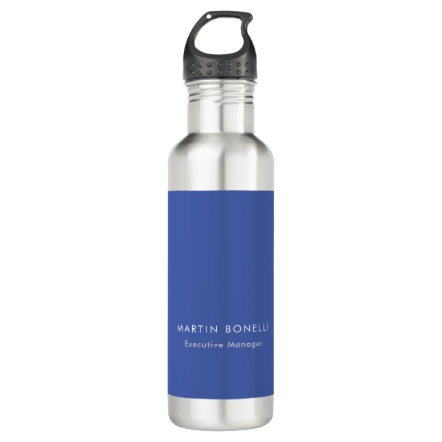 Modern Medium Blue Plain Minimalist Add Name Stainless Steel Water Bottle (Front)
