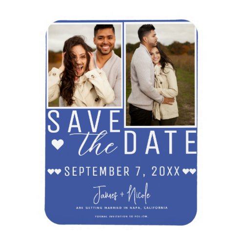 Modern Medium Blue Save the Date 2 Photo Wedding Magnet