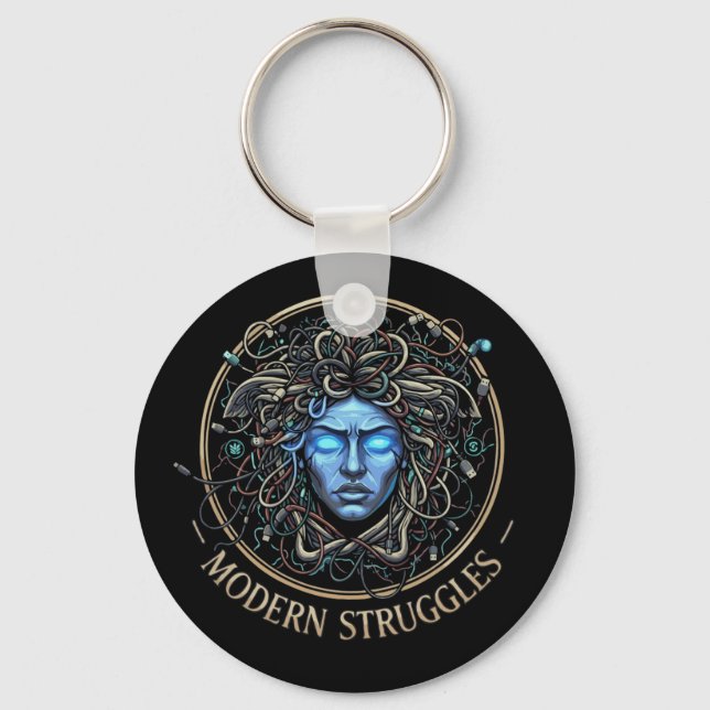 Modern Medusa Tech Struggles - Cyberpunk Greek  Keychain (Front)