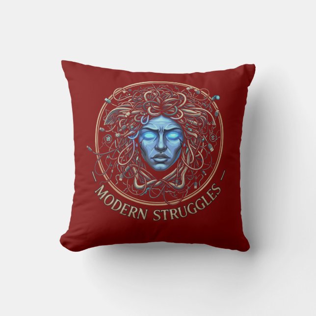 Modern Medusa Tech Struggles - Cyberpunk Greek  Throw Pillow (Front)