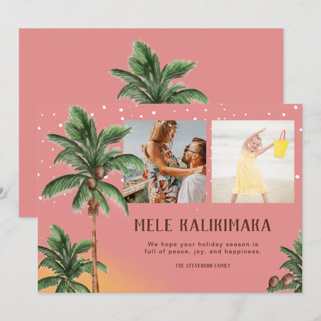 Modern Mele Kalikimaka Hawai Christmas palm photo Holiday Card (Front/Back)
