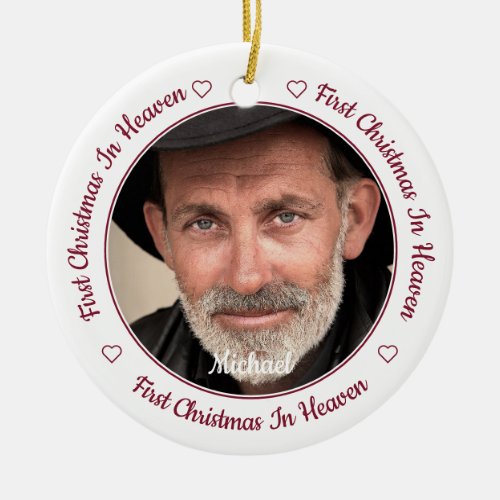 Modern Memorial 2 Photo First Christmas In Heaven Ceramic Ornament - Honor your loved one with a custom photo memorial ornament. This unique memorial ornament keepsake is the perfect gift for yourself, family or friends to pay tribute to your loved one. This memorial ornament features a red and black buffalo check plaid background,
Quote "First Christmas In Heaven".
Customize with favorite photos, name and dates . Ornament is double sided, you can do 2 favorite photos, one on each side. Personalize name on the front, and dates on the back. Perfect for a Christmas Memorial Ornament.
COPYRIGHT © 2020 Judy Burrows, Black Dog Art - All Rights Reserved. Modern Memorial 2 Photo First Christmas In Heaven Ceramic Ornament