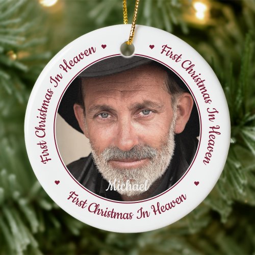 Modern Memorial 2 Photo First Christmas In Heaven Ceramic Ornament