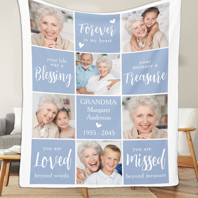 Modern Memorial Family Personalized Photo Collage  Fleece Blanket (Creator Uploaded)