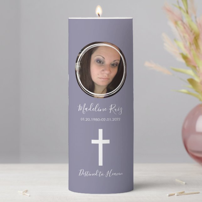 Modern Memorial Funeral Cross Photo Pillar Candle (In Situ)