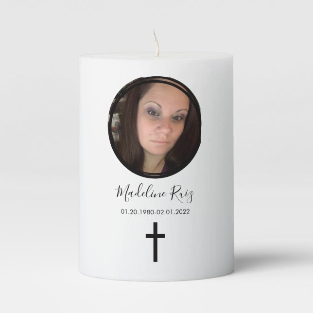 Modern Memorial Funeral Cross Photo Pillar Candle (Front)