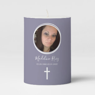 Modern Memorial Funeral Cross Photo Purple Pillar Candle