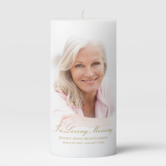 Modern Memorial Gold Script Faded Photo Pillar Candle (Front)