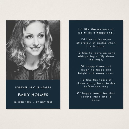 Modern Memorial | Navy Blue Funeral Poem Card (Front & Back)