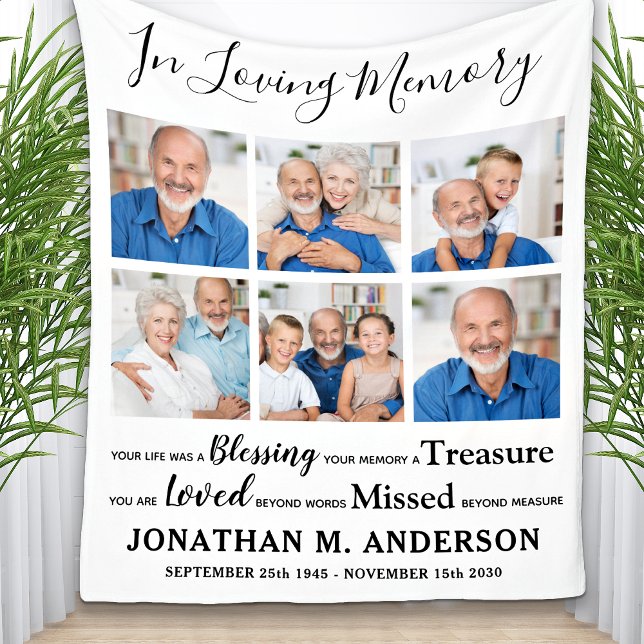 Modern Memorial Personalized 6 Photo Remembrance  Fleece Blanket (Creator Uploaded)