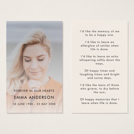Modern Memorial Photo Funeral Poem or Prayer Card (Front & Back)