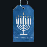 Modern Menorah Blue Hanukkah Gift Tag<br><div class="desc">This Happy Hanukkah gift tag features modern and fun menorah illustration that stands out against a textured background on blue (or ANY COLOR of your choice using the "customize it" button!). The backer is white with personalizable text in the "from" area for handy, pre-printed tags or you can clear the...</div>