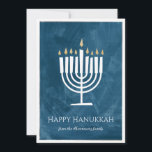 Modern Menorah Hanukkah Card with Photo Backer<br><div class="desc">This Happy Hanukkah card features modern and fun menorah illustration stands out against a textured background on blue that you can change to ANY COLOR using the "customize it" button! The backer is total personalizable with a photo of your choice and a custom text overlay OR clear all of the...</div>
