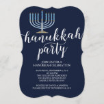 Modern Menorah Hanukkah Celebration Invitation<br><div class="desc">Start your Holiday party off right with our elegant blue Menorah Hanukkah Celebration Party Invitation featuring a light blue menorah set on a navy blue background with modern typography. Make sure all your friends and family members are there to celebrate with you this holiday season! Hanukkah is a favorite time...</div>