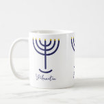 Modern Menorah Navy Gold Custom Named Coffee Mug<br><div class="desc">Customize your name onto a Menorah mug. Navy blue Menorah with gold faux foil candle tips. Name is written in script font in navy blue. The Menorah and name are printed in three positions around the mug. To customise click "personalise this template'.</div>