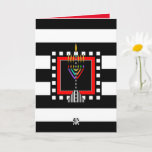 Modern Menorah Shabbat Shalom Card<br><div class="desc">This distinctively-stylish card features a modern,  colorful menorah over bold black-and-white stripes.  Interior card bordered and coordinated for your writing pleasure and says,  "Shabbat Shalom".  ~ karyn</div>
