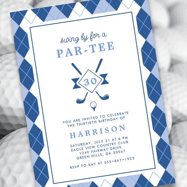 Modern Mens 30th Birthday Argyle Blue Golf Invitation (Creator Uploaded)