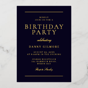 Modern Mens Birthday Party Black & Gold  Foil Invitation