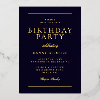 Modern Mens Birthday Party Black & Gold Foil Invitation