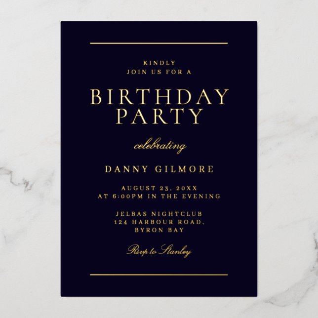 Modern Mens Birthday Party Black & Gold  Foil Invitation (Front)