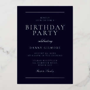 Modern Mens Birthday Party Black & Silver Foil Invitation