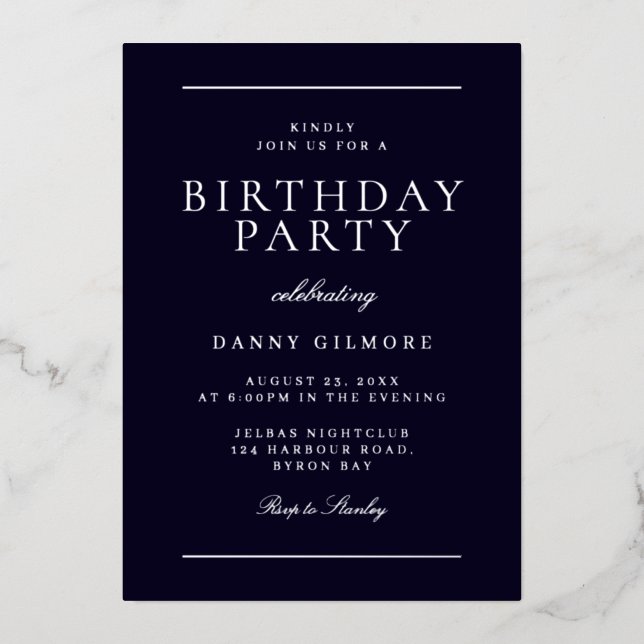 Modern Mens Birthday Party Black & Silver Foil Invitation (Front)