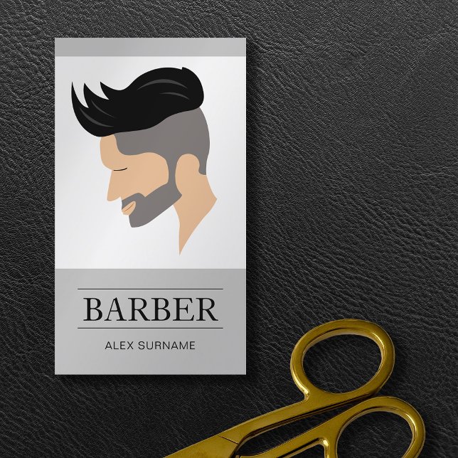Modern Men's Hair Style Illustration Gray Barber Business Card (Business card design for barbers and hairdressers.)