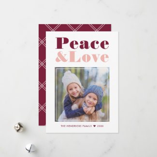 Modern Merlot and Blush Peace and Love Photo Holiday Card