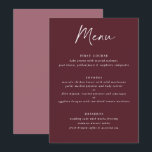 Modern Merlot Burgundy Handwriting Wedding Menu<br><div class="desc">Merlot / Burgundy / Wine Wedding Menu: This modern wedding menu features handwriting text on a merlot background on the front with the couple's photo and thank you message on back. It's the perfect double-sided wedding menu to serve as both a menu and a gift.</div>