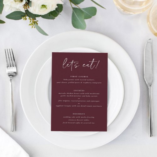 Modern Merlot Wedding Menu with Thank You on Back