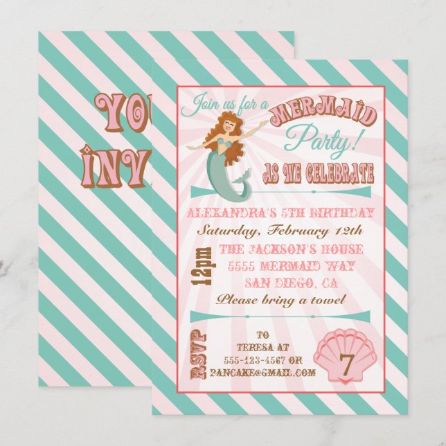 Modern Mermaid Birthday Party Invitation (Front/Back)
