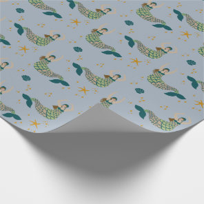 Modern Mermaid Siren Theme Illustration Print Blue Wrapping Paper