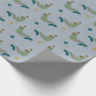 Modern Mermaid Siren Theme Illustration Print Blue Wrapping Paper