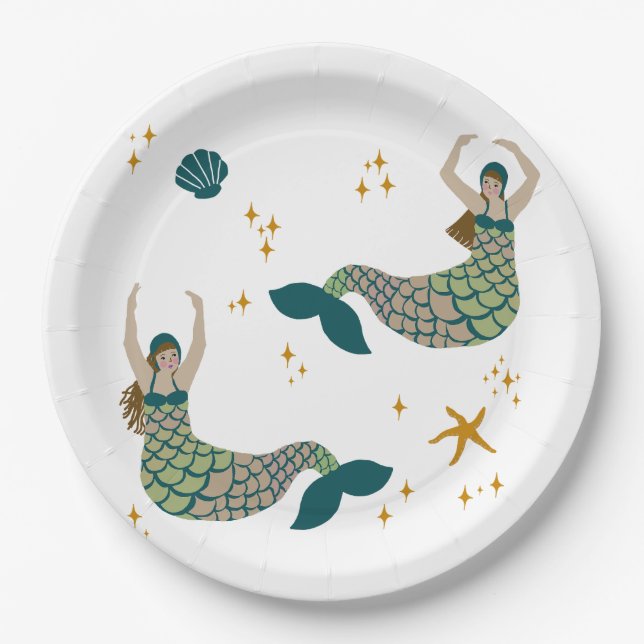 Modern Mermaid Siren Theme Illustration Print  Paper Plates (Front)