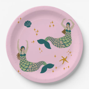 Modern Mermaid Siren Theme Illustration Print Pink Paper Plates