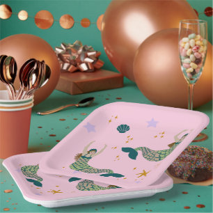 Modern Mermaid Siren Theme Illustration Print Pink Paper Plates