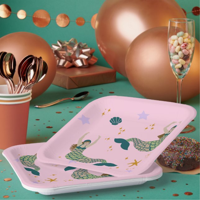 Modern Mermaid Siren Theme Illustration Print Pink Paper Plates (Multi)