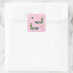 Modern Mermaid Siren Theme Illustration Print Pink Square Sticker