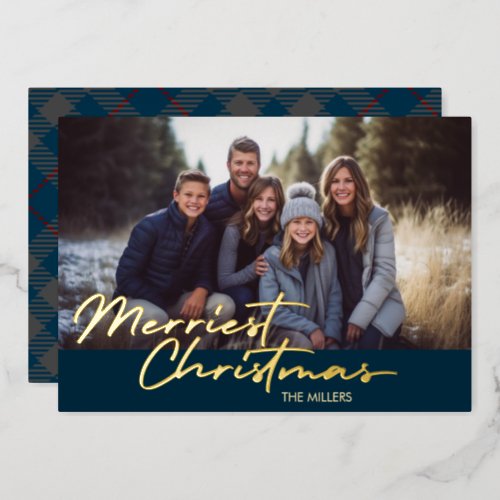 Modern Merriest Christmas 1 Photo Navy Plaid Foil Holiday Card