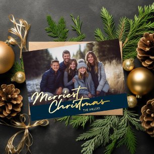 Modern Merriest Christmas 1 Photo Navy Plaid Foil Holiday Postcard