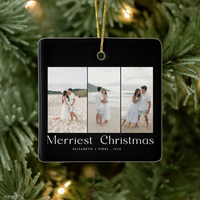 Modern Merriest Christmas Couples Photo Ceramic Ornament (Tree)