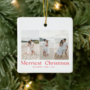 Modern Merriest Christmas Couples Photo Red Ceramic Ornament