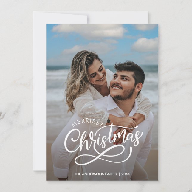 Modern Merriest Christmas Family Photo Name Gold F Holiday Card (Front)